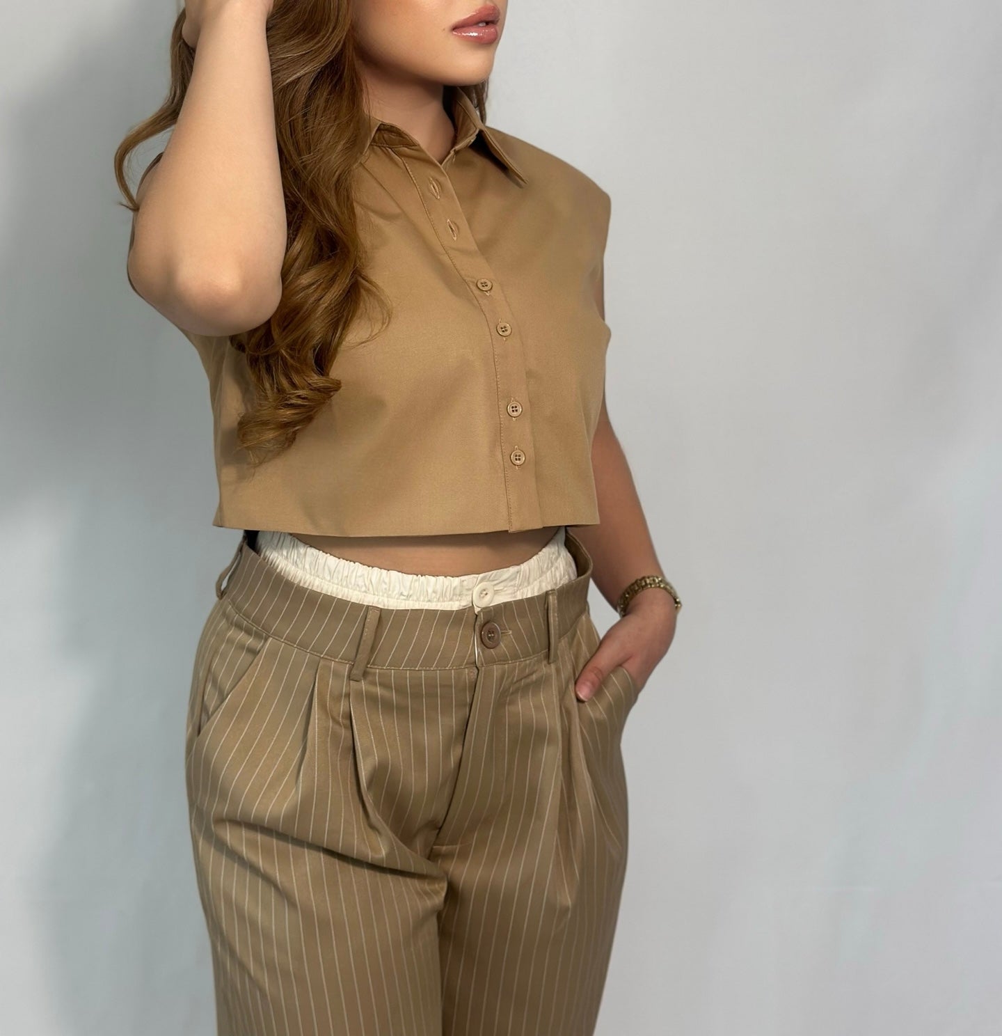 Mocha Cropped Button Up Top