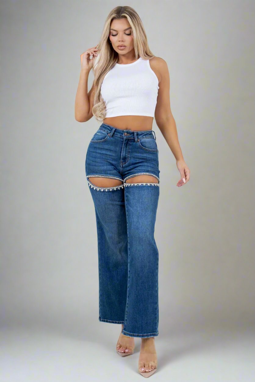 Rhinestone Split Straight Jeans